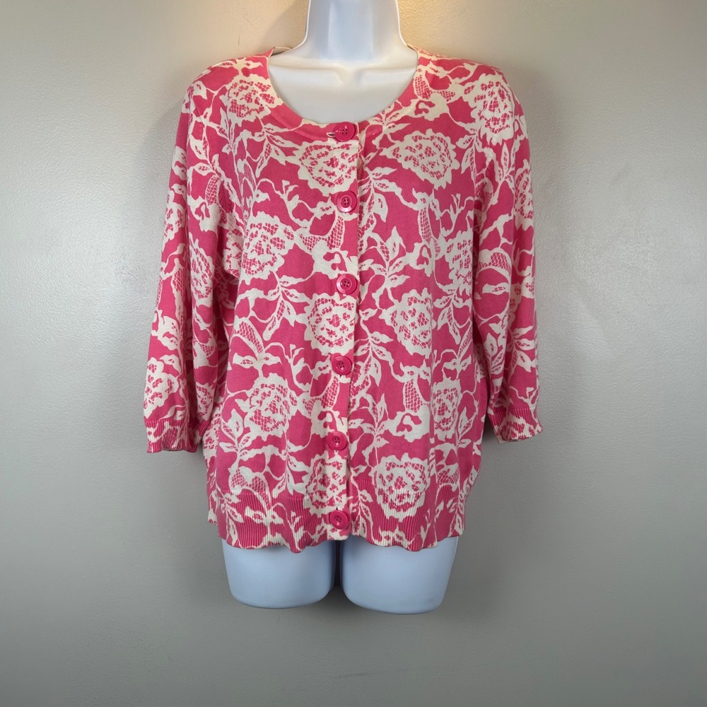 Designers Originals Pink White Floral Cotton Cardigan Sweater XL 3/4 Sleeve Knit